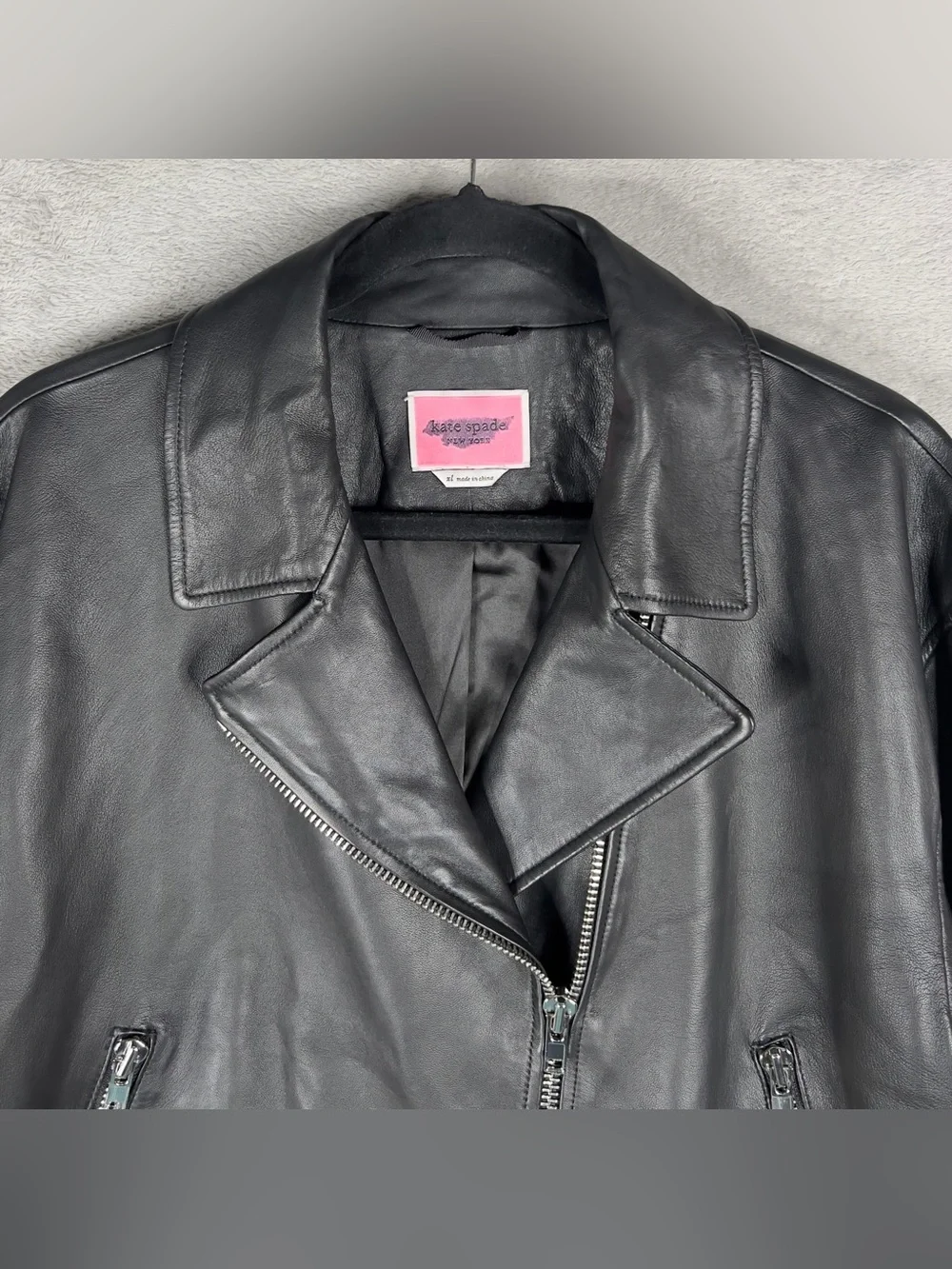 Kate Spade NY 100% Lamb Leather Cropped Motorcycle Jacket Women's XL Black